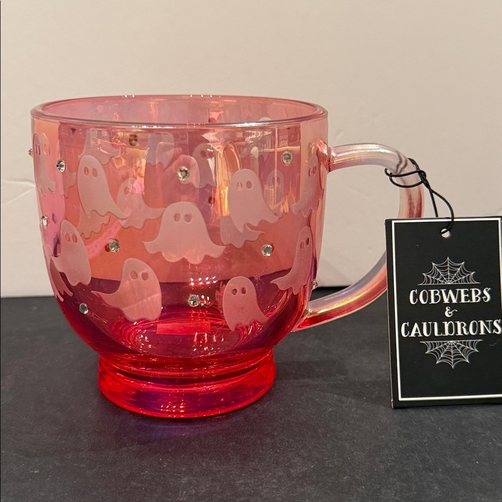 Halloween Viral Pink Clear Glass Ghost Mug Rhinestones Cobwebs & Cauldron NEW
